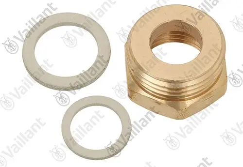 Vaillant Adapter aus Messing mit zwei Dichtungen, einer runden und einer dünnen, in einer Anordnung für Rohrverbindungen.